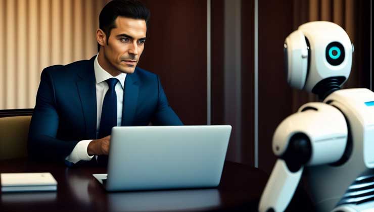 HR assigning task to AI-driven robot - AI helping talent acquisition for hiring new employees